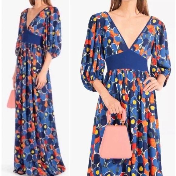 STAUD Dresses & Skirts - STAUD Affogato Maxi Dress V-Neck Balloon Sleeve Fruit Print Belted, Blue NWT
